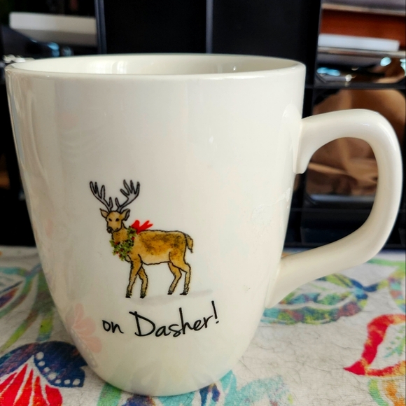 Rae Dunn White Ceramic Mug with "On Dasher" Reindeer Design - Picture 2 of 7